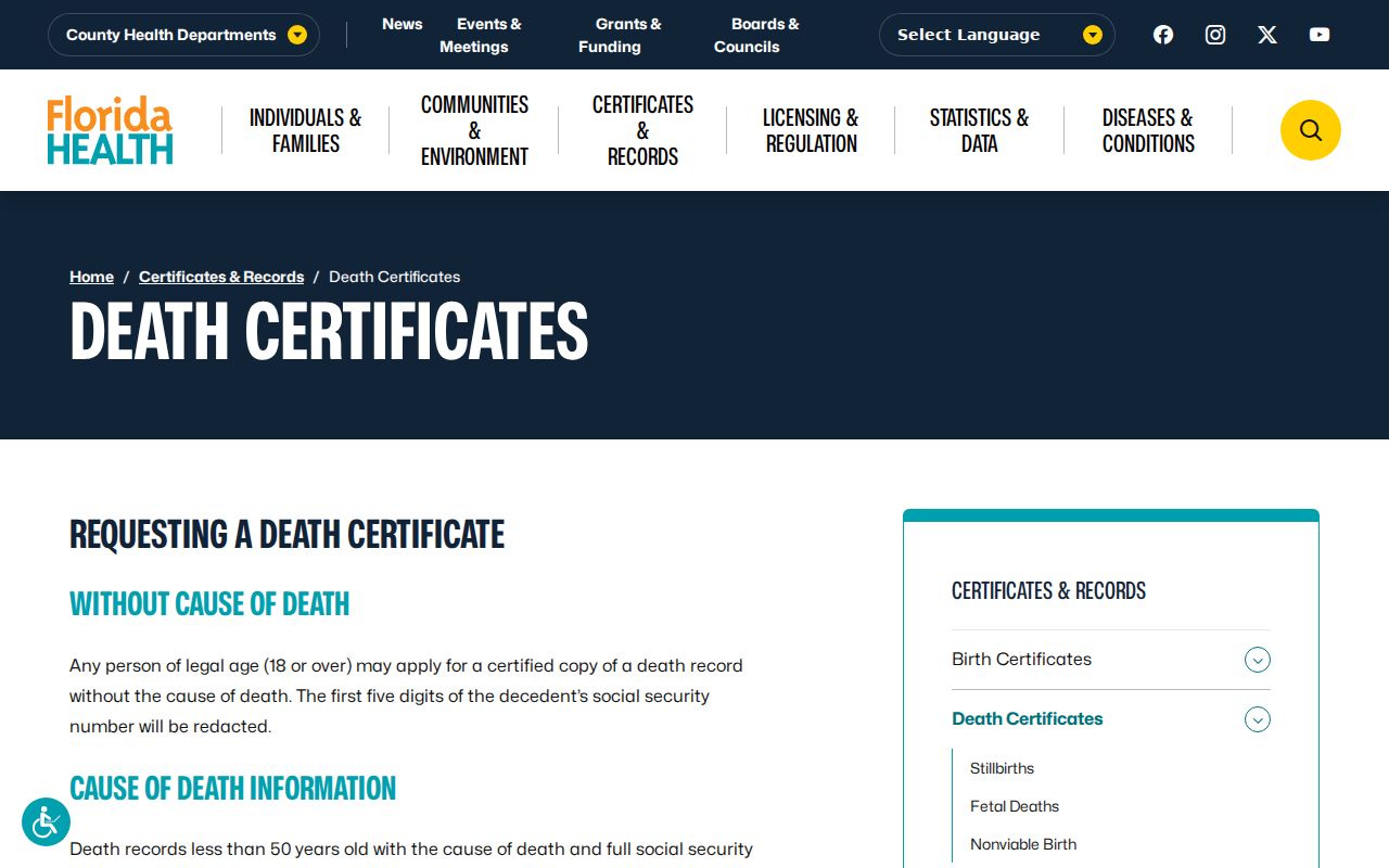 Kissimmee resident lookup through Florida death certificate access