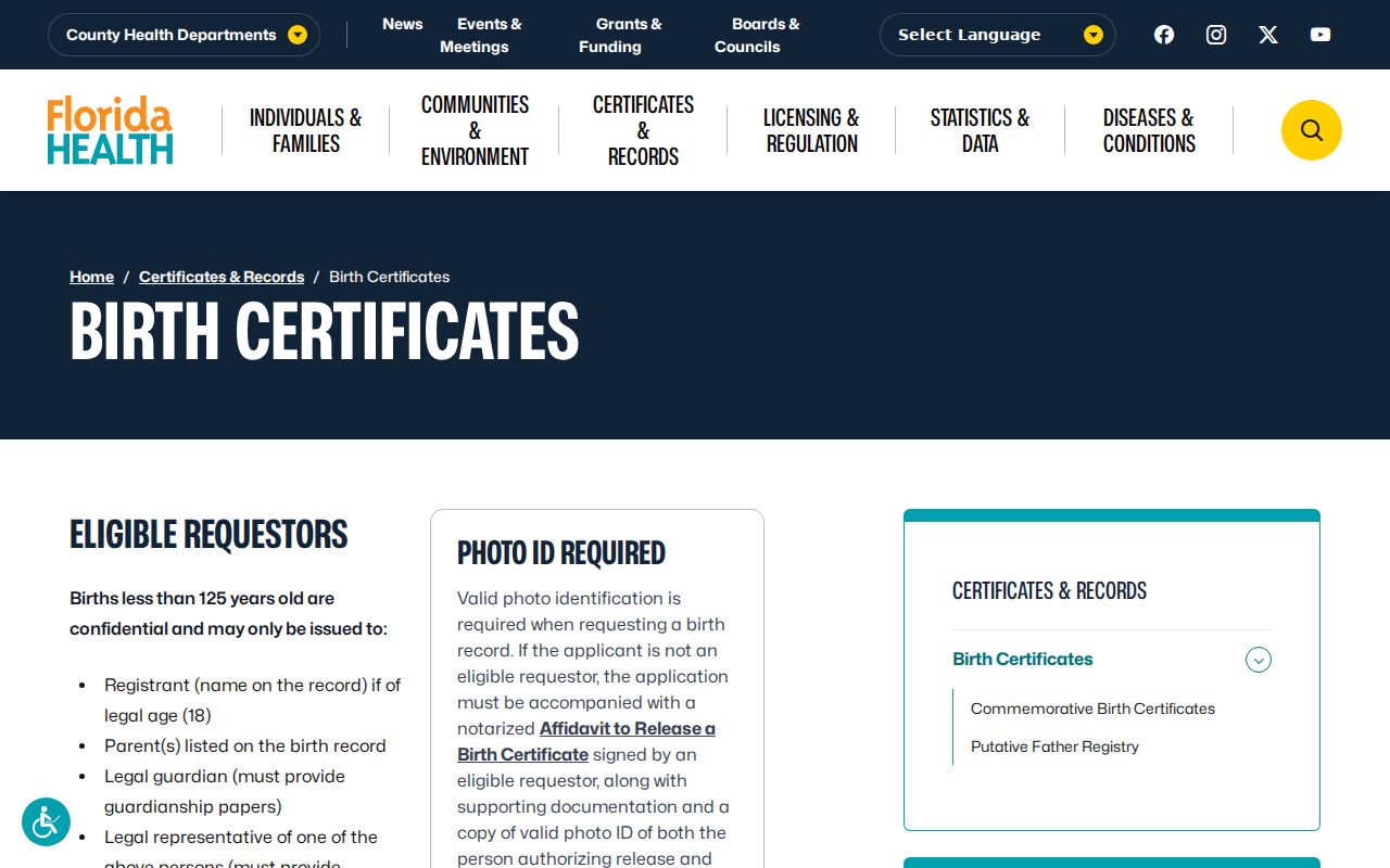 Kissimmee resident lookup using Florida birth certificate rules