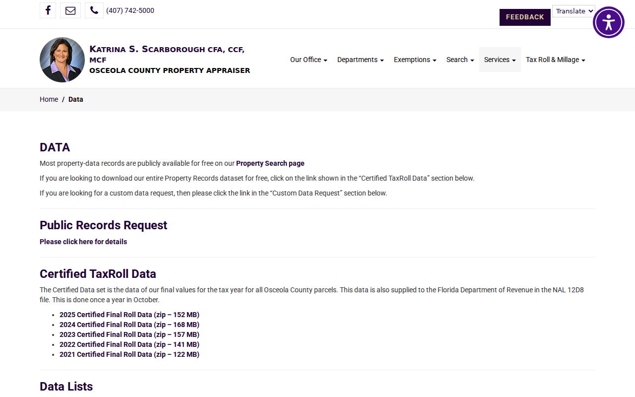 Kissimmee street directory tax roll and GIS data page